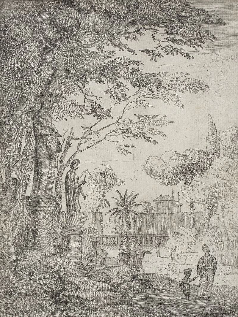 Scena di giardin con due statue